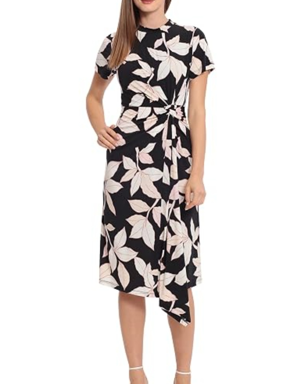 Maggy London Black Midi Dress with Pale Pink Leaf Print and Side Tie Size 0 New